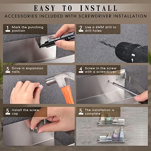Lallisa 2 Pieces Stainless Steel Shelf Bathroom Shower Floating Shelves Wall Mounted Shower Caddy Basket Shelf Storage Organizer Shelves for Bathroom, Kitchen, Living Room(15.75 Inch/ 40 cm,Silver) - Image 6