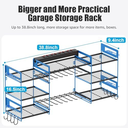 CCCEI Blue Power Tool Organizer Wall Mount, Large Tools and Battery Storage Rack Charging Station Individual Switches. Drills Holder, Garage Utility Shelves with 6FT Power Strip. Gift for Men. - Image 5