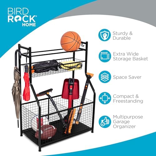 BIRDROCK HOME Sports Equipment Ball Organizer 43"H for Garage -Storage Rack - Baseball, Tennis, Football, Gym Gear - Wide Bin Basket - 4 Hooks - Kids Toy Holder - Hockey Stick Cage | Indoor - Outdoor - Image 3