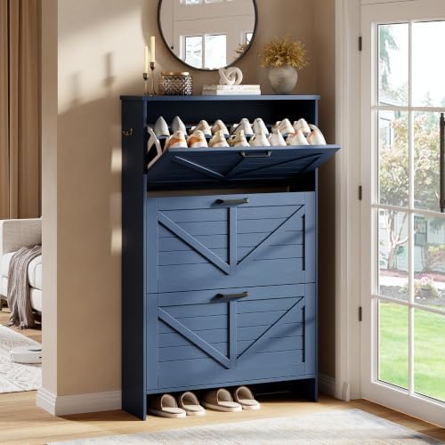 Nicetree Shoe Cabinet for Entryway, 3 Flip Drawers Shoe Storage Cabinet with 3-Tier Adjustable Shelves, Ultra Slim Freestanding Hidden Shoe Organizer with Barn Door Design, Navy Blue by Nicetree