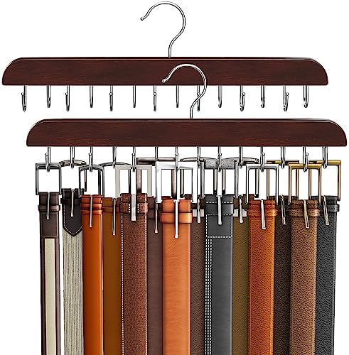 Belt Hanger for Closet, Sturdy Wood Belt Rack Closet Accessories with 14 Hooks Belt Organizer for Closet Organizers and Storage Max 42 Belts-Mahogany 2 Pack by RESOVO