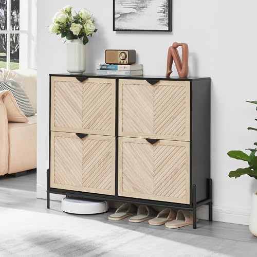 Shoe Cabinet with 4 Flip Drawers, Narrow Entryway Rack, Oak&Black by VIPLUMI