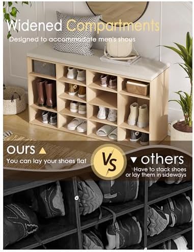 DINZI LVJ Shoe Storage Bench with Cushion, 16-Cubby Shoe Rack with Seat - Image 4