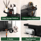 Hair Dryer Holder Wall Mounted Adhesive/Drilling, Hair Dryer Storage Organizer with Shelf & Hooks for Bathroom, Blow Dryer Holder, Hair Tool Organizer (Black) - Image 3