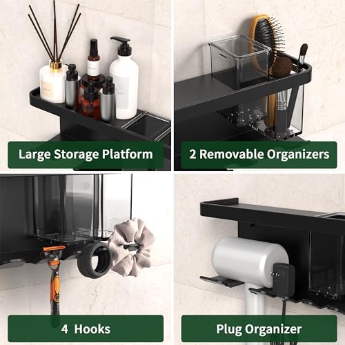 Hair Dryer Holder Wall Mounted Adhesive/Drilling, Hair Dryer Storage Organizer with Shelf & Hooks for Bathroom, Blow Dryer Holder, Hair Tool Organizer (Black) - Image 3