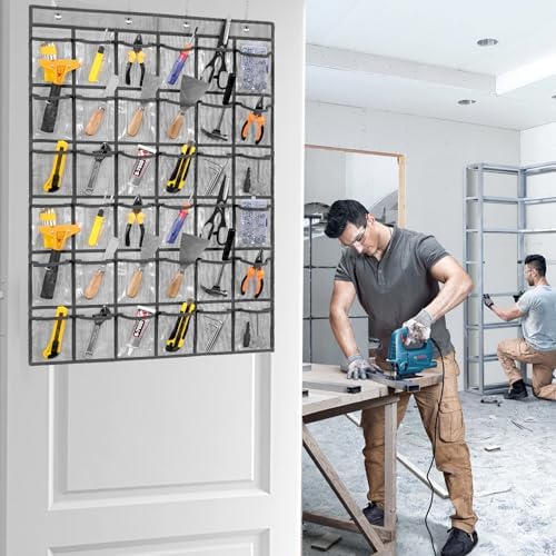 Over Door Hanging Tool Storage Bag Wall Mounted Screw Organizer Garage Accessories Organization with Clear Pockets (36 pockets) - Image 2