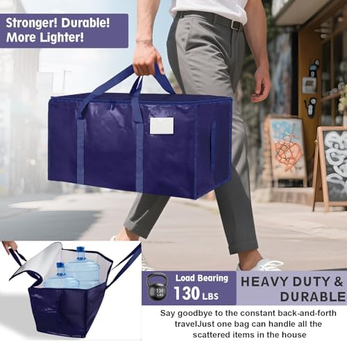12 Pack-Extra Large Heavy Duty Moving Bags - Waterproof Storage Totes with Handles & Zippers, Foldable for College Dorm, Storage (Dark Blue) - Image 3
