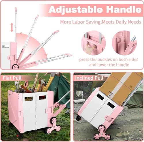 FELICON Folding Climber Utility Cart Rolling Crate Tote Handcart-Pink White - Image 2