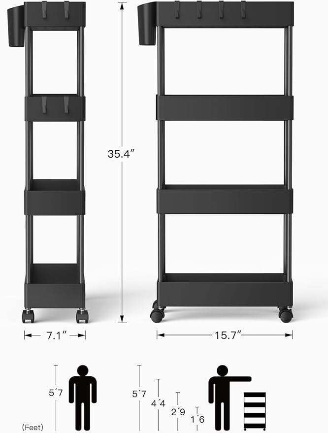 Pipishell 4 Tier Slim Storage Cart with Wheels, Laundry Cart, Black - Image 9