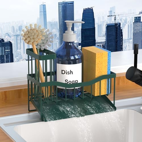 Fssvcd Maifan Sink Caddy Sponge Holder for Kitchen with Brush Holder and Stainless Steel Self Drain Tray, Rustproof Kitchen Sink Organizer for Sponge, Soap Dispenser Storage Accessories Dark Green by Unknown