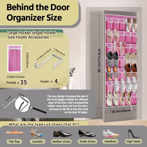 PAULONE 35 Pocket Over the Door Shoe Organizer,Reusable Breathable Large Mesh Bag Men's & Women's Sneaker Organizer,Shoe Organizer for Kids,Hanging Shoe Storage Hanging Bag (Pink) - Image 3