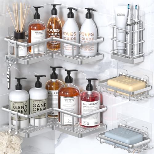 YASONIC Corner Shower Caddy Adhesive, 100% Rustproof Shower Organizer with Soap and Troothbrush Holder, No Drill Shower Shelf for Inside Shower, Wall-Mounted Shower Storage for Homes (5 Pack, Silver) by YASONIC