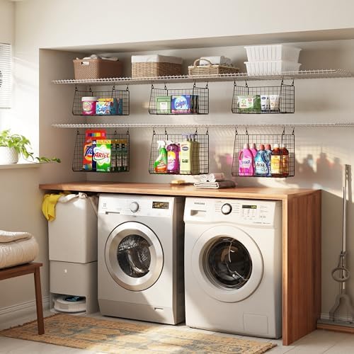 4-Pack Hanging Laundry Room Organizer：Foldable Laundry Room Organizaton Wire Basket with 360°Rotating Hooks Space Saving Over Washer and Dryer Shelves - Metal Laundry Basket Storage, Black Patent - Image 4