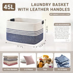 45L Woven Laundry Basket Hamper with Leather Handles,Denim Blue - Image 2