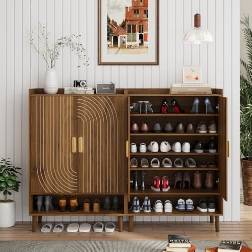 Smuxee Walnut Shoe Cabinet with Line Groove Design, 6-Tier Shoe Storage Cabinet with Adjustable Shelves, Freestanding Shoe Organizer Cabinet for Entryway, Hallway, Closet, Living Room - Image 3