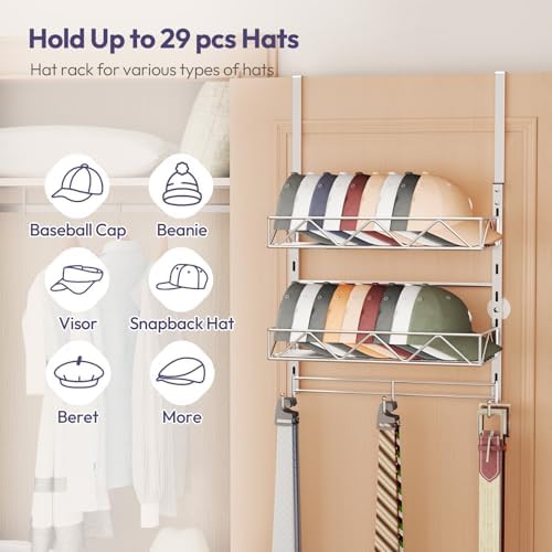 SWTYMIKI Over Door Hat Organizer - 3 Tier Wall Mounted Hat Rack with 2 Adjustable Metal Basket and 3 Hooks, Hanging Baseball Cap Organizer Storage Holds up to 29 Caps for Door, Bedroom, Closet - Image 2