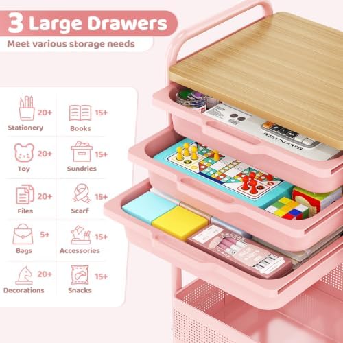 KINGRACK 3 Tier Rolling Cart with Drawer, Metal Utility Storage Cart, Pink | 3 Drawers, Pegboard & Wood Tabletop, Lockable Wheels, 4 Hooks & 1 Bin, for Living Room,Bedroom,Craft Room,Office,Kids Room - Image 3