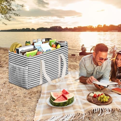 LHZK Standing Extra Large Utility Tote Bag with Metal Wire Frame and the Sides Rinforced, Extra Large Tote Bag with Handle, Reusable Grocery Bags Foldable, Beach Bag, Car Tote, Black - Image 7