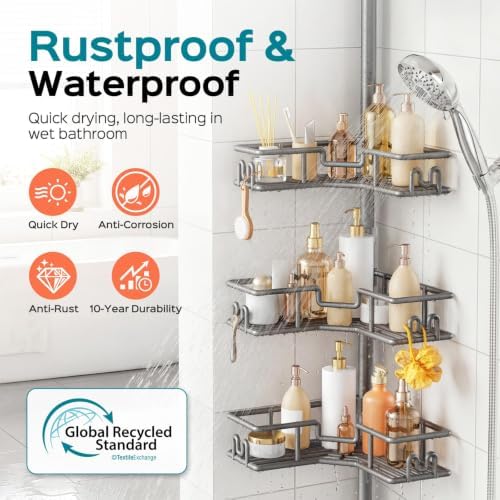HAMITOR Adjustable Bathroom Storage, 4-Tier Tension Pole Shower Caddy, Gray - Image 2