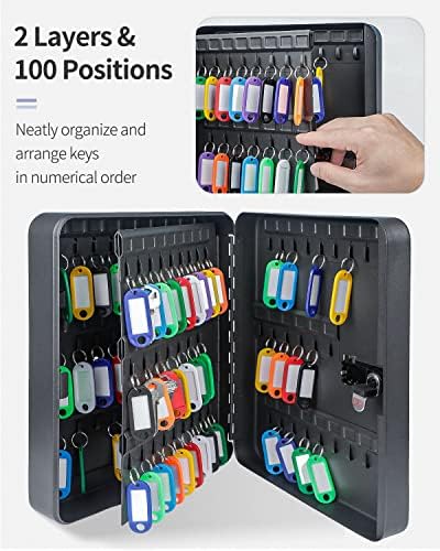 Uniclife 100 Position Key Cabinet with Combination Lock Resettable Black Digital Security Storage Box Steel Key Organizer with Colorful Key Tag Labels Stickers and Hooks - Image 3