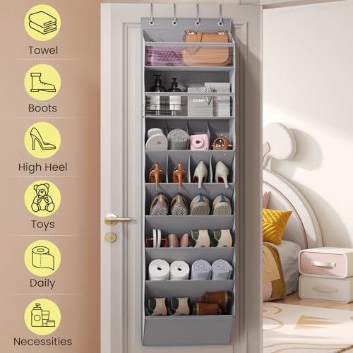 Mefirt 16-20 Pairs Over the Door Shoe Organizer, Clear Pockets Shoe Rack for Closet Door, Hanging Shoe Rack for Boots, Behind the Door Shoe Holder Fit All the Family's Sneakers, Boots, Heels, Grey - Image 3