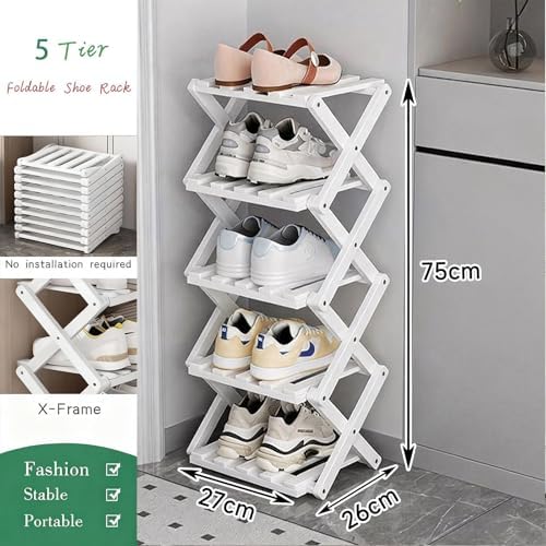 Vertical Small Shoe Rack White, 5 Tier Portable Folding Shoe Storage Rack, Without Installation Free Standing Shoe Rack for Corridors, Bedrooms Living Room Corner and Small Spaces - Image 2