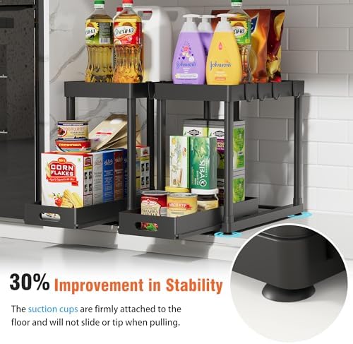 2PC Under Sink Organizer Rack 2 Tier Under Sliding Cabinet Basket Organizer Drawer with 4 Hooks, Multi-purpose Under Sink Storage for Bathroom Kitchen Desktop（Black） - Image 5