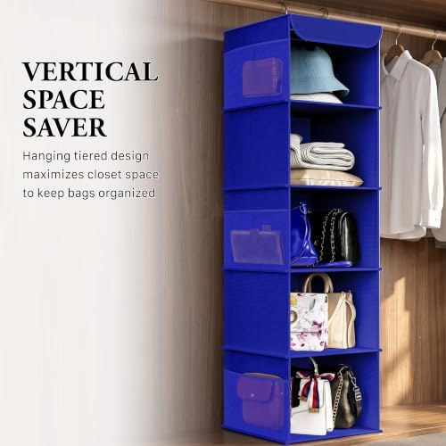 Simple Houseware 5 Shelf Hanging Closet Organizer, Dark Blue | 360° Rotating Dual Hooks, Top Support Metal Frame, 6 Side Mesh Pockets - Image 7