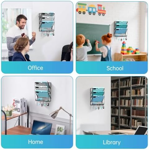 4-Tier Wall File Organizer and Mail Organizer with 5 Hooks, Black - Image 6