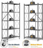 5-Tier Folding Metal Storage Rack - 63" Heavy-Duty Steel Frame with Wheels, No Assembly Utility Organizer, Rolling Shelving Unit for Kitchen, Garage, Pantry, Bedroom (Gray, 5 Tier) - Image 4