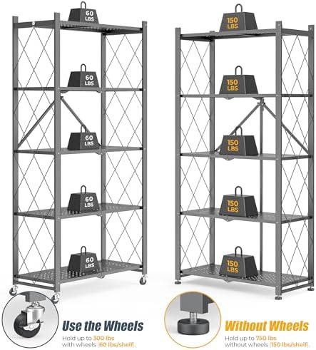 5-Tier Folding Metal Storage Rack - 63" Heavy-Duty Steel Frame with Wheels, No Assembly Utility Organizer, Rolling Shelving Unit for Kitchen, Garage, Pantry, Bedroom (Gray, 5 Tier) - Image 4