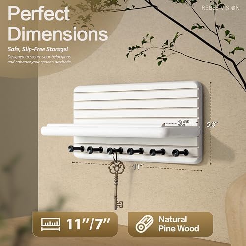 Rebee Vision Pine Key Holder Wall Mount with 6 Hooks for Room Decor, White - Image 3