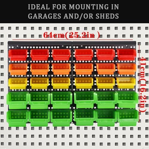 MULSAME Wall Mounted Storage Bins Parts Rack 4 Colors Bin Organizer Garage Plastic Shop Tool, Garage Organizers and Storage (Style-Vivid) 25.2"*16.2" - Image 2