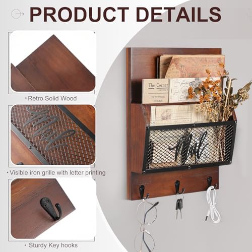 Yalikop Farmhouse Mail Organizer Wall Mounted Rustic Mail Holder Hanging Key Sorter with 3 Hooks Indoor Wooden Wall Mounted, Letter, Magazines, Newspapers, Keys (Classics,Dark Brown) - Image 4