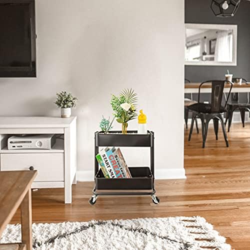 Melody House 2-Tier Metal Utility Rolling Cart Storage Organizer with Cover Board Mobile Trolley Sofa Side Table with Wheels for Office Home Kitchen Organization Black - Image 2