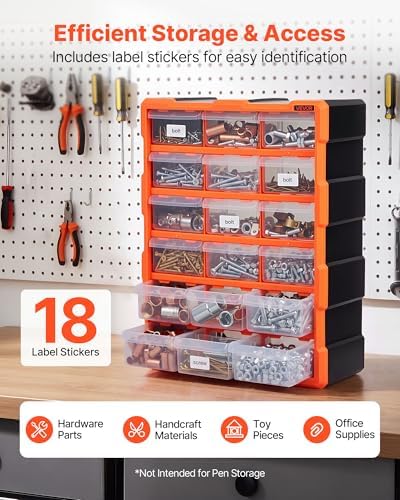 VEVOR 18-Drawer Storage Organizer, Plastic, Drawer Storage Cabinet for Garage Organization, Stackable Small Parts Organizer, Wall-Mounted Toolbox, for Hardware, Beads, Screws, Crafts, Building Bricks - Image 5