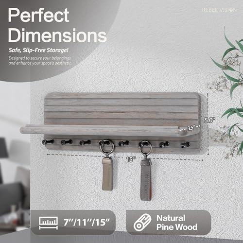 Rebee Vision Key Holder Wall Mount with 8 Key Hooks Room Decor, Old Gray - Image 2