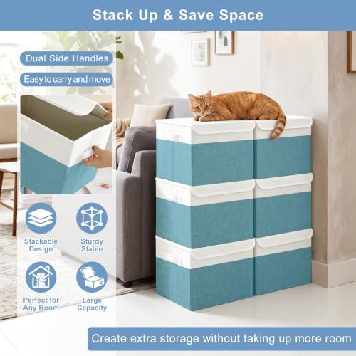 Large 17" 42 Quarts Collapsible Stackable Storage Bins with Lids [3-Pack] Foldable Fabric Linen Storage Boxes Cube, Closet Organizer Baskets with Label for Home (16.7 x 12 x 12", Teal & White) - Image 5