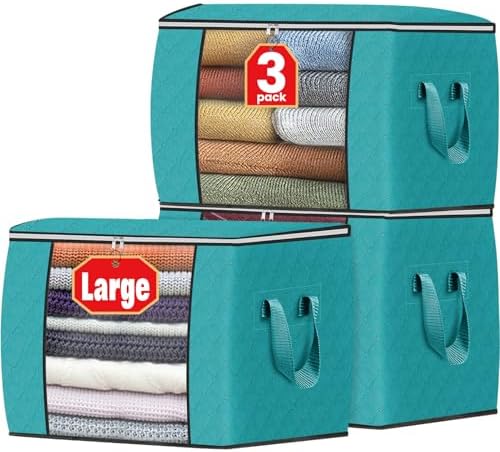 Fab totes 90L Clothes Storage, Foldable Thick Fabric Blanket Storage Bags | Foldable Containers with Zippers,Window and Handles for Organizing Bedroom, Closet, Comforter, Bedding,Dorm essentials by Fabtotes