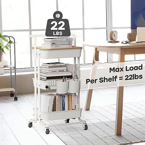 DTK 3 Tier Rolling Utility Cart with Cover Top Board, Movable Kitchen Storage Cart Trolley with Lockable Wheels, Cups, Hooks for Kitchen Bathroom Home Office Art Craft Storage and Organization(White) - Image 5