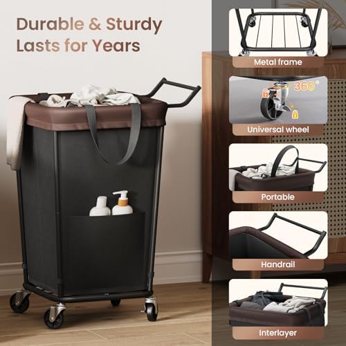 160L Laundry Hamper with Wheels and Handle, 2-Section Rolling Hamper for Laundry, Large Laundry Basket with Wheels, Rolling Laundry Basket Clothes Hamper for Home, Bathroom and Dorm(Black) - Image 6