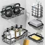 Fammart Adhesive Shower Caddy, 5-Pack Rustproof Stainless Steel Bathroom Organizer with 28 Hooks, No-Drill Large Capacity Shower Shelves for Bathroom Storage & Home Décor, Black by Fammart
