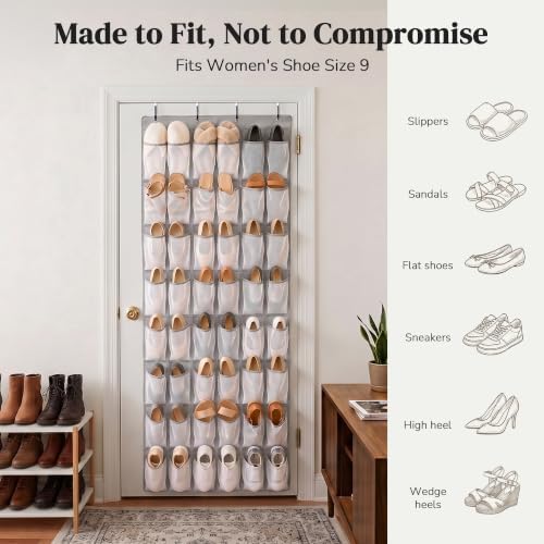 48 Pockets Over The Door Shoe Organizer, Large Mesh Hanging Shoe Rack, 6-Column Heavy Duty Shoe Storage for Sneakers and Heels, Behind Door Holder for Entryway Bedroom Dorm College, Gray - Image 6