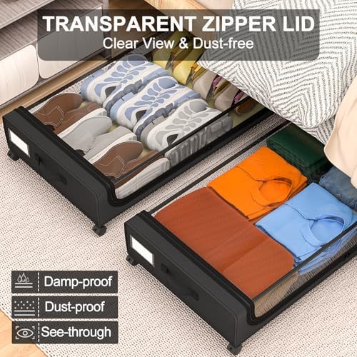 GoMaihe Under Bed Storage with Wheels 70L Black 2-Pack | Rolling Rangement Vetement sous le Lit - Containers for Clothes Shoes in Bedroom - Easy Pull-out - Image 5