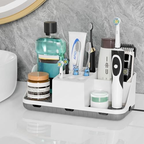Boperzi Electric Toothbrush Holders with Cord Slots: Detachable Toothbrush and Toothpaste Holders, Large Tooth Brush Storage Caddy Set Drainage, Anti-Slip Bathroom Counter Organizer for Family, Kids - Image 2