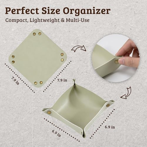 3 PACK PU Leather Jewelry Valet Tray Organizer, Foldable & Portable Catch All Bowl for Entryway Table, Nightstand, Desk & Travel | Storage Dish for Keys, Watch, Coin, Glasses (Beige Green) - Image 5
