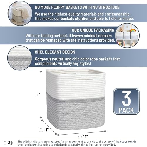 NaturalCozy Storage Cubes 11 Inch Cotton Rope Woven Baskets for Organizing, 3-Pack | Cube Storage Bin | Square Storage Baskets for Shelves Organizer, Classroom, Kids Toy Bins, Closet, Baby Nursery - Image 2