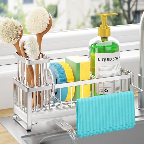 HapiRm Sponge Holder for Kitchen Sink - Self-draining Sink Caddy with Brush Holder and Dishcloth Holder, Stainless Steel Kitchen Organizer - Silver by HapiRm