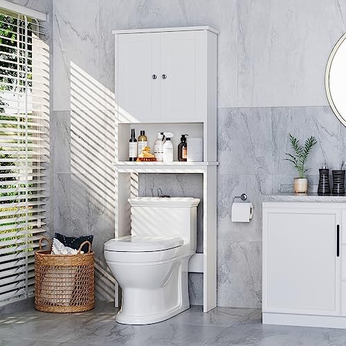 Over the Toilet Storage Cabinet, Bathroom Storage Organizer Over Toilet, Space Saver W/Adjustable Shelf & Open Shelf, White by Meilocar