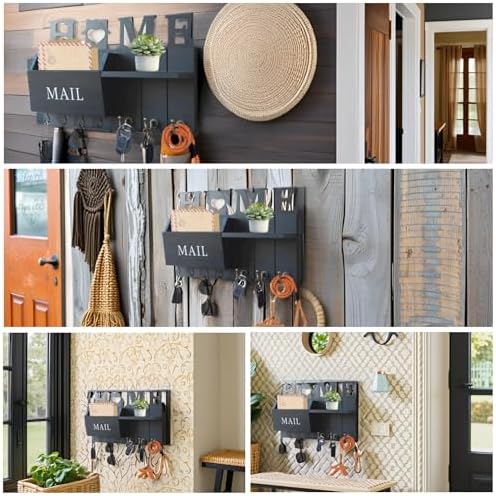 Rustic Wall Key Holder with Shelf & Hooks - Mail Organizer for Entryway | Wooden Key Rack for Keys, Coats, Dog Leash-Black - Image 4